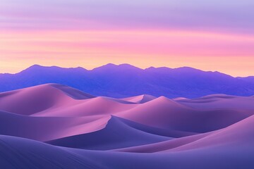 Wall Mural - A serene desert landscape at sunset with soft, flowing sand dunes and colorful sky.