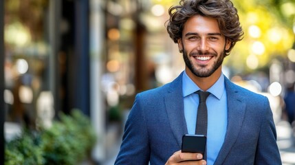 A man with curly hair stands outdoors, smiling and looking at his smartphone in an active city environment