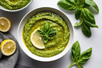 Wall Mural - Lemon Basil Pesto Zesty Bowl Fresh Herb Dip and Sauce Recipe