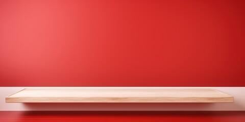 Red background with a wooden table, product display template. Red background with a wood floor. Red and white photo of an empty room for presentation