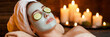 © Damian - Relaxed woman with face mask and cucumber eyes, spa and wellness concept, tranquil atmosphere for beauty and relaxation, candlelit ambiance, ideal for spa promotions, banner with copy space