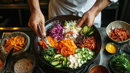 Chef preparing a colorful dish with various vegetables and toppings.