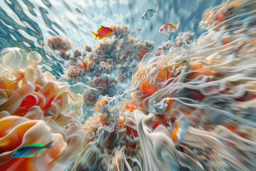 Wall Mural - A vibrant underwater world showcases a bustling coral reef, with colorful fish swimming among anemones and corals in sparkling blue waters