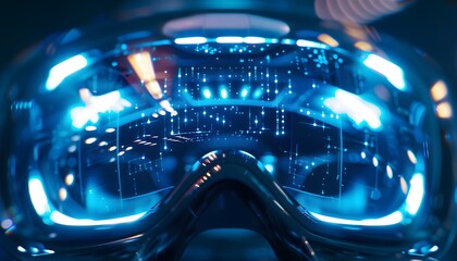 Poster - Close-up of futuristic AR/VR goggles with reflected digital interface and glowing blue lights, symbolizing advanced technology and innovation.