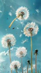 Wall Mural - Dandelion Seeds Floating in the Wind with Blue Sky Background