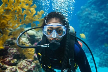 Scuba diver african american woman is discovering a vibrant coral reef during a tropical getaway