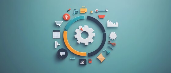 Poster - colorful 3d infographic with various business-related icons, charts, and gears on a blue-green backg