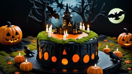 Halloween castle cake with glowing windows spooky forest background