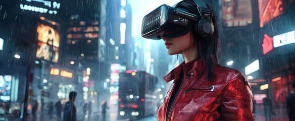 Sticker - Woman in VR Headset and Red Jacket Walking in the Rain