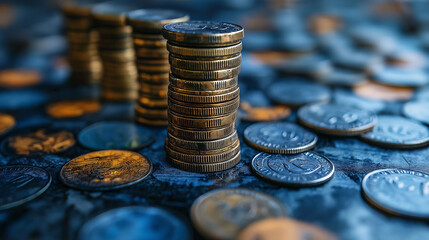 Wall Mural - Stack of Coins on Blue Background