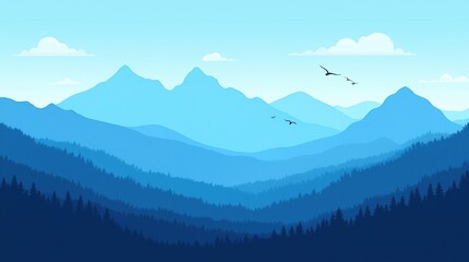 Serene mountain landscape with blue silhouettes and forest scenery