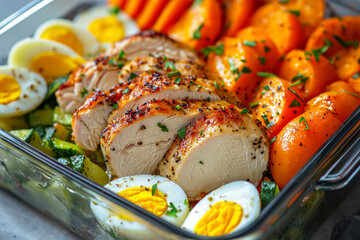 Healthy high protein meal prep with cooked chicken breast, boiled eggs, roasted vegetables, etc.