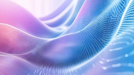 Line art illustration featuring an abstract background element with a three dimensional design of wave shapes grids and beams in blue violet and white hues