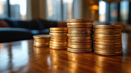 Wall Mural - Gold Coins Stacked on Wooden Table