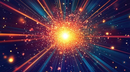 Line art illustration of an abstract background featuring an explosive star with colorful elements showcasing a stunning display of particles and rays