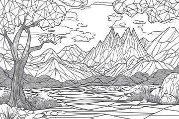Poster - Geometric landscape illustration featuring linear fill elements for anti stress coloring