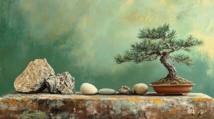 Wall Mural - Abstract oil painting featuring nature elements including spruce branches stones and dry snags alongside a traditional bonsai tree against a green backdrop with ample copy space