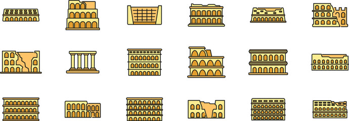 Sticker - Collection of coliseum icons representing ancient roman architecture, showcasing the grandeur and historical significance of these iconic structures