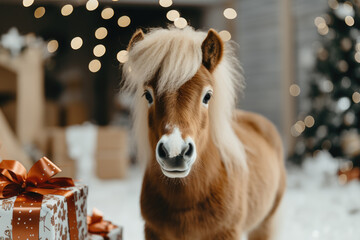 A small pony stands next to beautifully wrapped gifts, surrounded by decorative lights and holiday cheer in a cozy environment