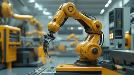 Poster - Yellow assembly robot operating in a futuristic manufacturing environment, emphasizing technological innovation and automation.