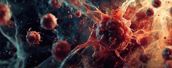 Poster - Abstract visualization of cellular structures, showcasing intricate patterns and vibrant colors, representing biological processes and life.