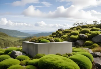 Wall Mural - A concrete planter or basin surrounded by lush, overgrown moss-covered rocks and vegetation in a natural outdoor setting