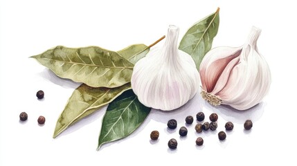 Wall Mural - Delightful Garlic and Bay Leaves: Essential Ingredients for Flavorful Cooking