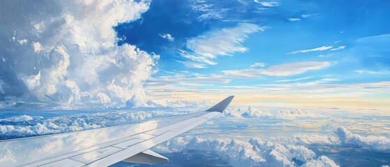 oil painting depicting a plane wing against a stunning horizon with a backdrop of blue sky and fluff