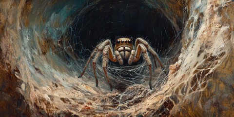 Oil painting depicting a young spider on its nest showcasing the delicate features of the spider and its intricate web structure