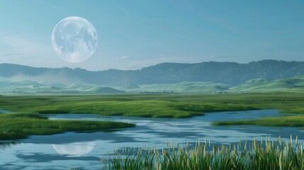 Landscape with moon and green hills of flood meadows. 3d render evening rainbow