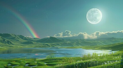 Landscape with moon and green hills of flood meadows. 3d render evening rainbow