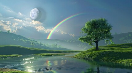 Landscape with moon and green hills of flood meadows. 3d render evening rainbow