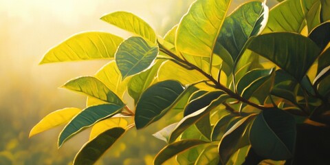 Wall Mural - Vibrant oil painting of fresh guava leaves illuminated by sunlight capturing their youthful essence