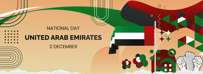 Wide banner for United Arab Emirates National Day. National or Independence Day greeting card with flag and typography. Hands raised as a symbol of spirit. Happy UAE National Day