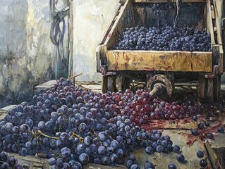 Oil painting depicting crushed grapes in the process of wine production and grape processing