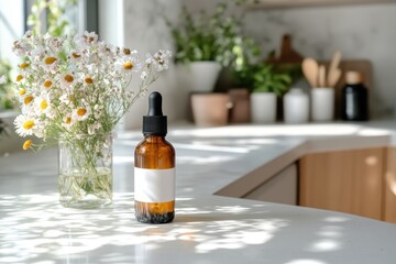 Wall Mural - A serene kitchen scene featuring a glass bottle and fresh flowers.