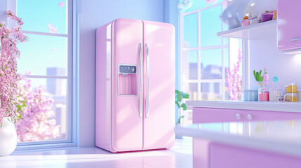 Wall Mural - A bright, modern kitchen with a pastel pink refrigerator and matching decor bathed in soft sunlight, creating a cheerful, inviting ambiance.