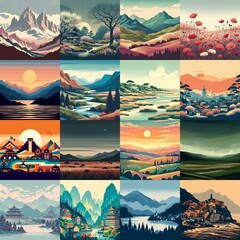 Minimalistic style landscapes. AI generated illustration