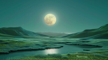 Landscape with moon and green hills of flood meadows. 3d render evening rainbow