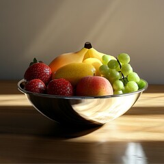 Wall Mural - Create a photo of a realistic fruit bowl from an interesting angle with a room background -generative ai