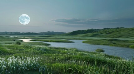 Landscape with moon and green hills of flood meadows. 3d render evening rainbow