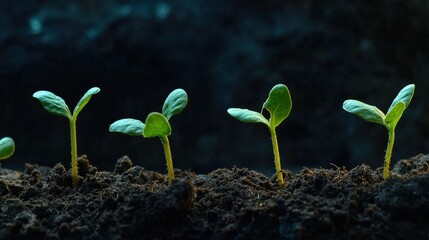 A time-lapse sequence of a seed germinating and growing into a young plant, capturing each stage of growth in vivid detail, with soil and moisture evident