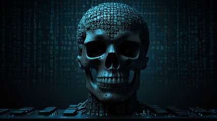 A digital skull made out of binary code, with crossed keyboards and a dark, ominous background. Background