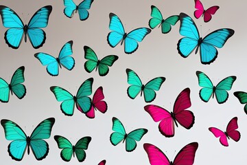 Wall Mural - Colorful Turquoise Emerald and Ruby Butterflies Soaring on White Background