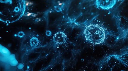 Abstract representation of viruses with glowing blue particles in a dark environment, showcasing the microscopic world.