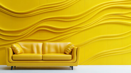 Wall Mural - A vibrant yellow sofa against a modern yellow textured wall creates a bold and captivating, monochromatic living space with contemporary design elements.