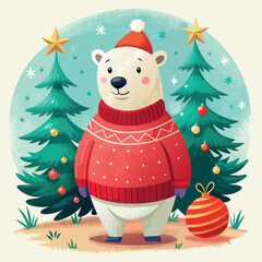 Sticker - A polar bear is wearing a red sweater and a Santa hat. The bear is standing in front of a Christmas tree and a Christmas light display