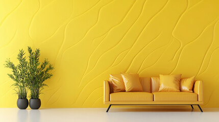 Wall Mural - A vibrant yellow living room features a stylish textured wall, modern yellow sofa with matching cushions, and two potted plants adding a fresh green touch.