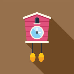 Poster - pink cuckoo clock with yellow weights is hanging on a brown wall
