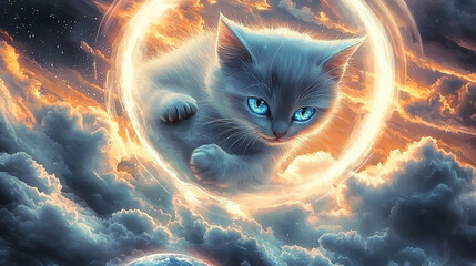 cat, clouds, sky, fluffy, feline, blue, white, dreamy, floating, serene, peaceful, whiskers, paws, tail, soft, gentle, high, above, horizon, sunlight, breeze, calm, tranquil, ethereal, majestic, soari